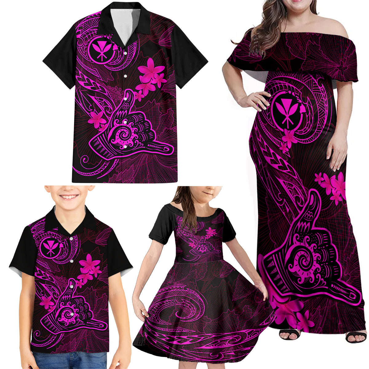 Hawaii Family Matching Off Shoulder Maxi Dress and Hawaiian Shirt Shaka Tattoo Mix Polynesian Plumeria Pink Version LT14 - Polynesian Pride