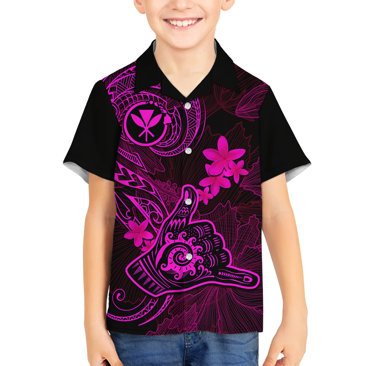 Hawaii Family Matching Off Shoulder Maxi Dress and Hawaiian Shirt Shaka Tattoo Mix Polynesian Plumeria Pink Version LT14 Son's Shirt Pink - Polynesian Pride
