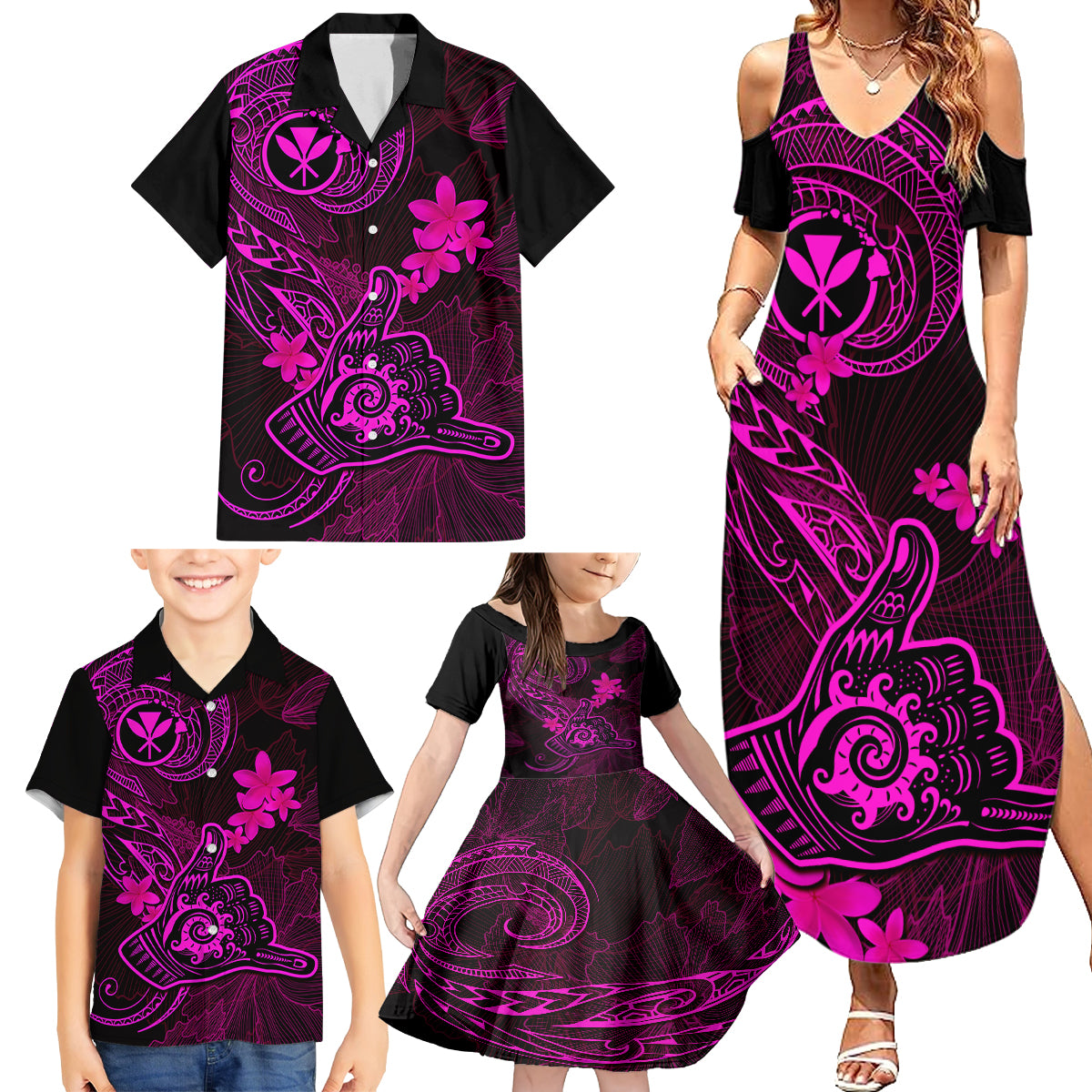 Hawaii Family Matching Summer Maxi Dress and Hawaiian Shirt Shaka Tattoo Mix Polynesian Plumeria Pink Version LT14 - Polynesian Pride