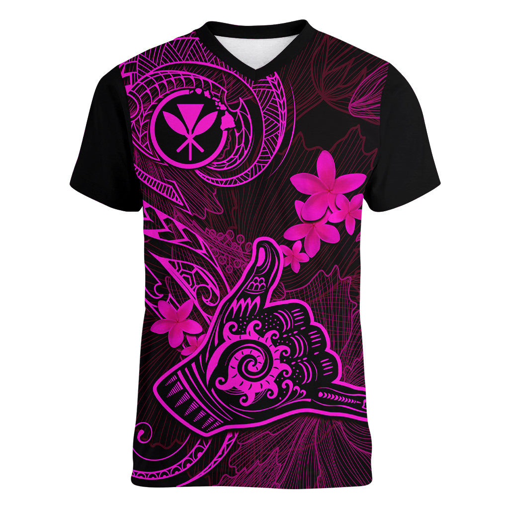 hawaii-women-v-neck-t-shirt-shaka-tattoo-mix-polynesian-plumeria-pink-version