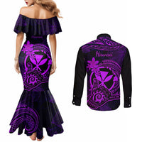 hawaii-couples-matching-mermaid-dress-and-long-sleeve-button-shirts-shaka-tattoo-mix-polynesian-plumeria-purple-version