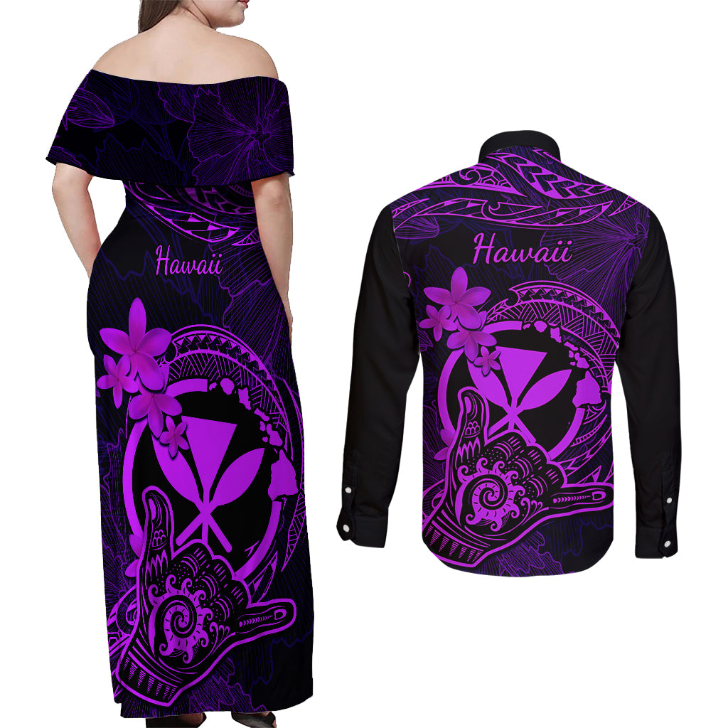 hawaii-couples-matching-off-shoulder-maxi-dress-and-long-sleeve-button-shirts-shaka-tattoo-mix-polynesian-plumeria-purple-version