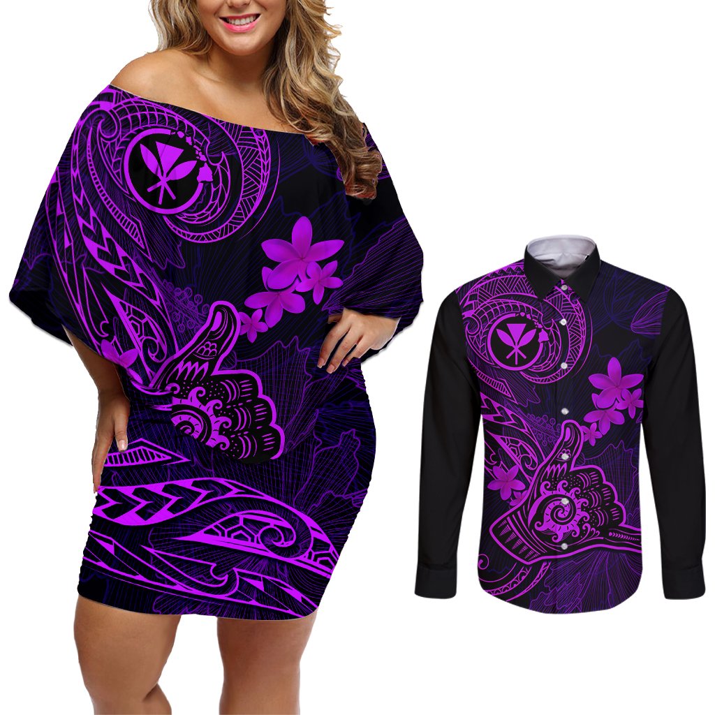 hawaii-couples-matching-off-shoulder-short-dress-and-long-sleeve-button-shirts-shaka-tattoo-mix-polynesian-plumeria-purple-version