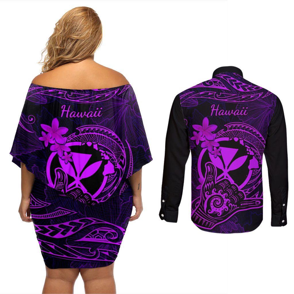 hawaii-couples-matching-off-shoulder-short-dress-and-long-sleeve-button-shirts-shaka-tattoo-mix-polynesian-plumeria-purple-version