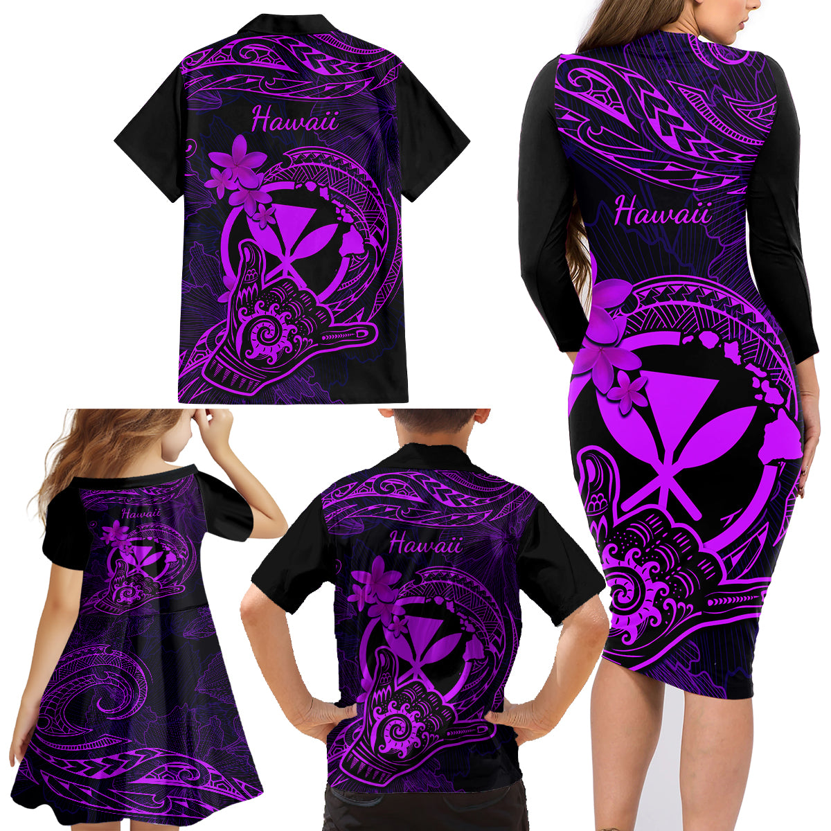 hawaii-family-matching-long-sleeve-bodycon-dress-and-hawaiian-shirt-shaka-tattoo-mix-polynesian-plumeria-purple-version