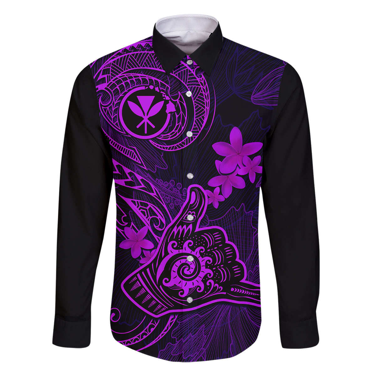 hawaii-family-matching-long-sleeve-bodycon-dress-and-hawaiian-shirt-shaka-tattoo-mix-polynesian-plumeria-purple-version