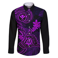 Hawaii Family Matching Off Shoulder Maxi Dress and Hawaiian Shirt Shaka Tattoo Mix Polynesian Plumeria Purple Version LT14 Dad's Shirt - Long Sleeve Purple - Polynesian Pride