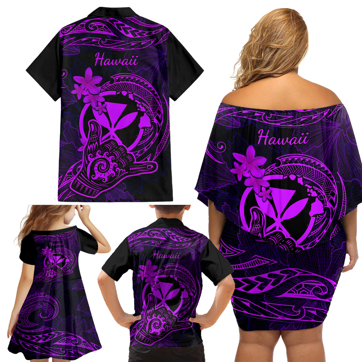 hawaii-family-matching-off-shoulder-short-dress-and-hawaiian-shirt-shaka-tattoo-mix-polynesian-plumeria-purple-version