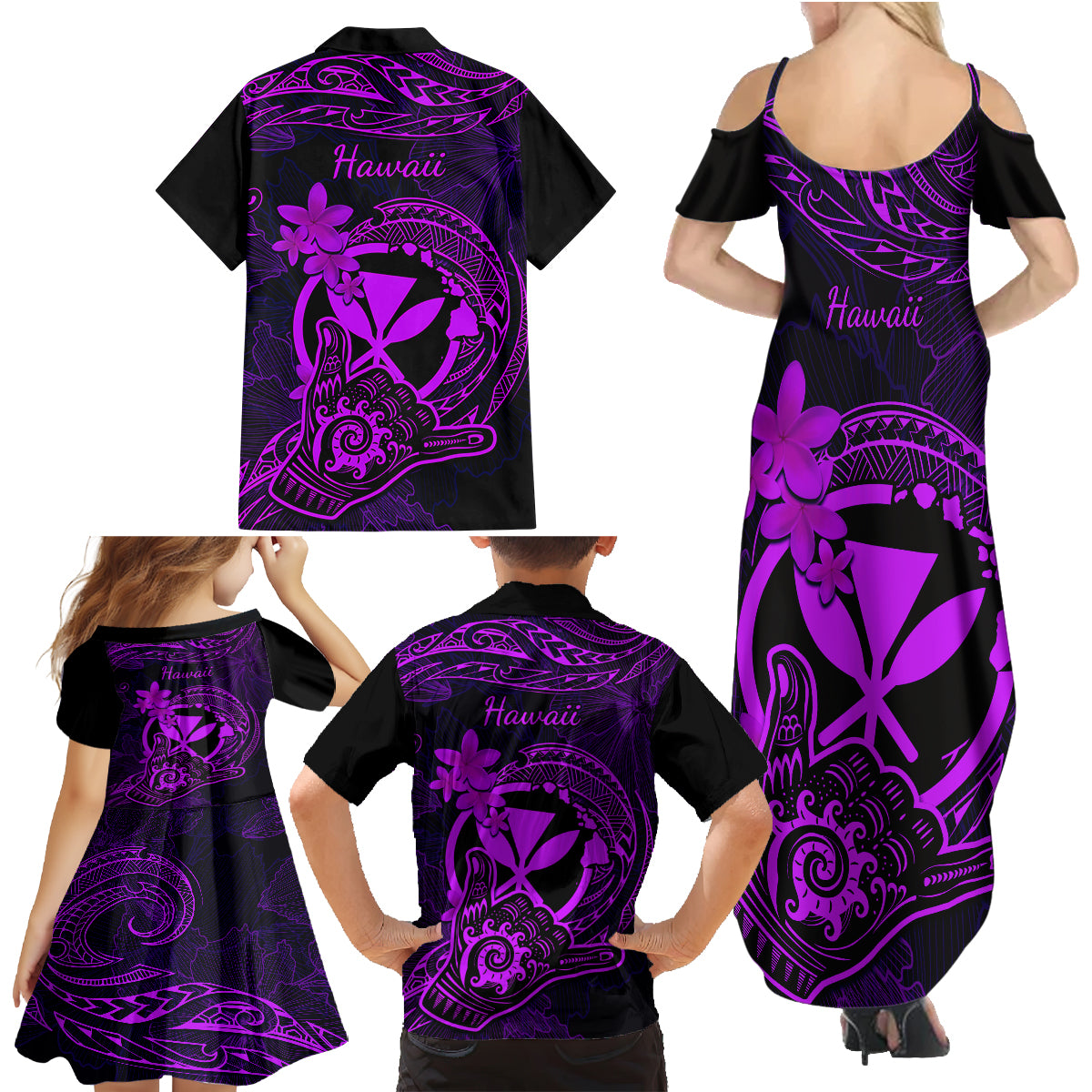 Hawaii Family Matching Summer Maxi Dress and Hawaiian Shirt Shaka Tattoo Mix Polynesian Plumeria Purple Version LT14 - Polynesian Pride