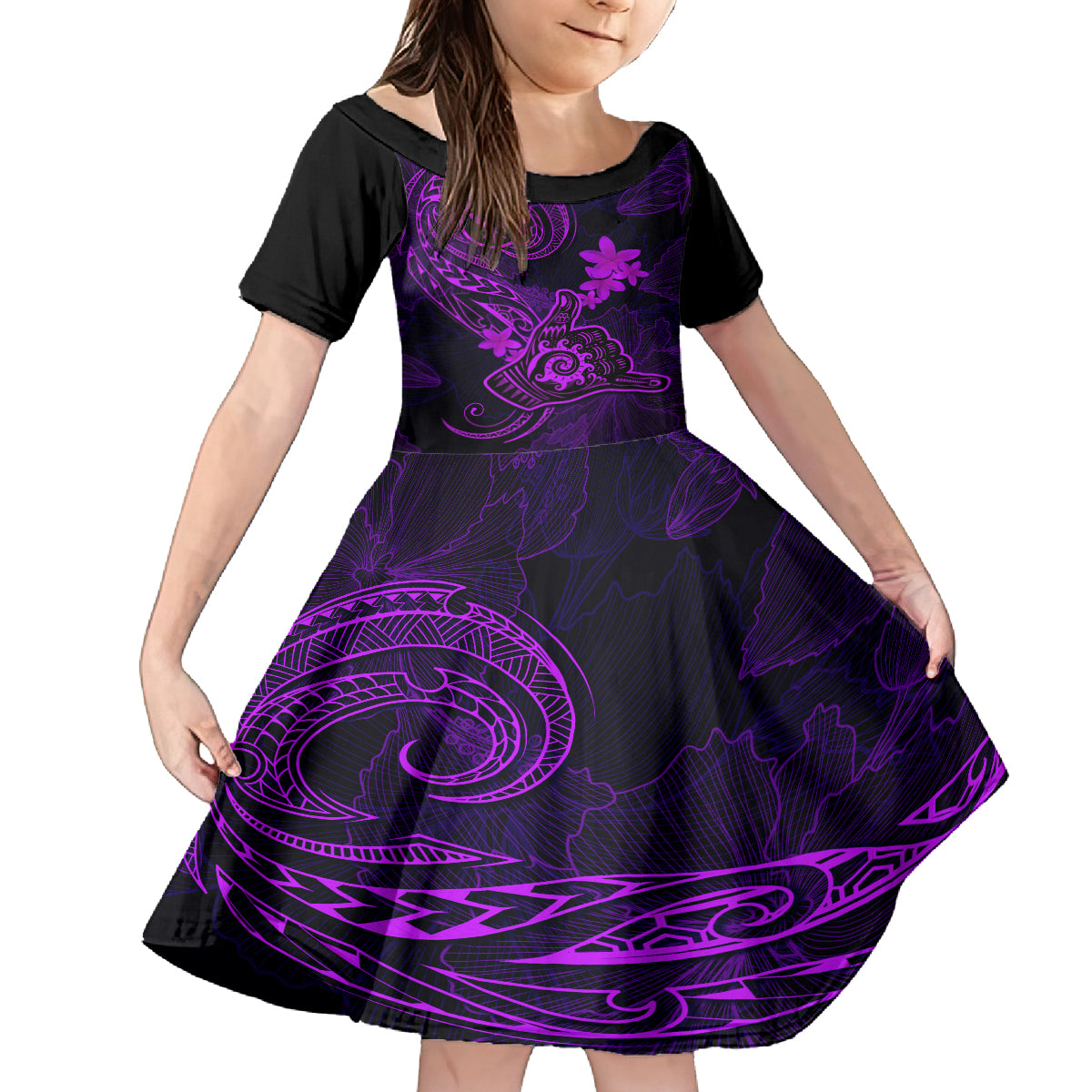 hawaii-kid-short-sleeve-dress-shaka-tattoo-mix-polynesian-plumeria-purple-version