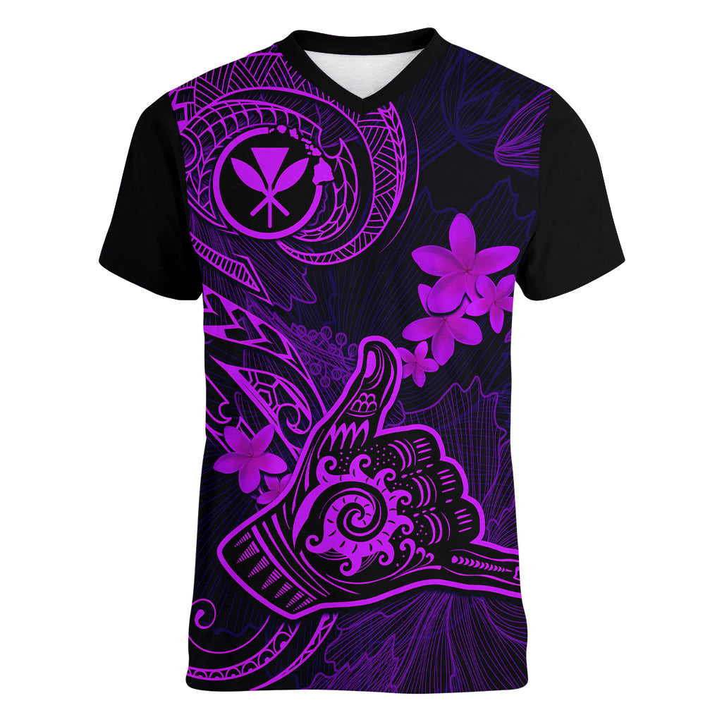 hawaii-women-v-neck-t-shirt-shaka-tattoo-mix-polynesian-plumeria-purple-version