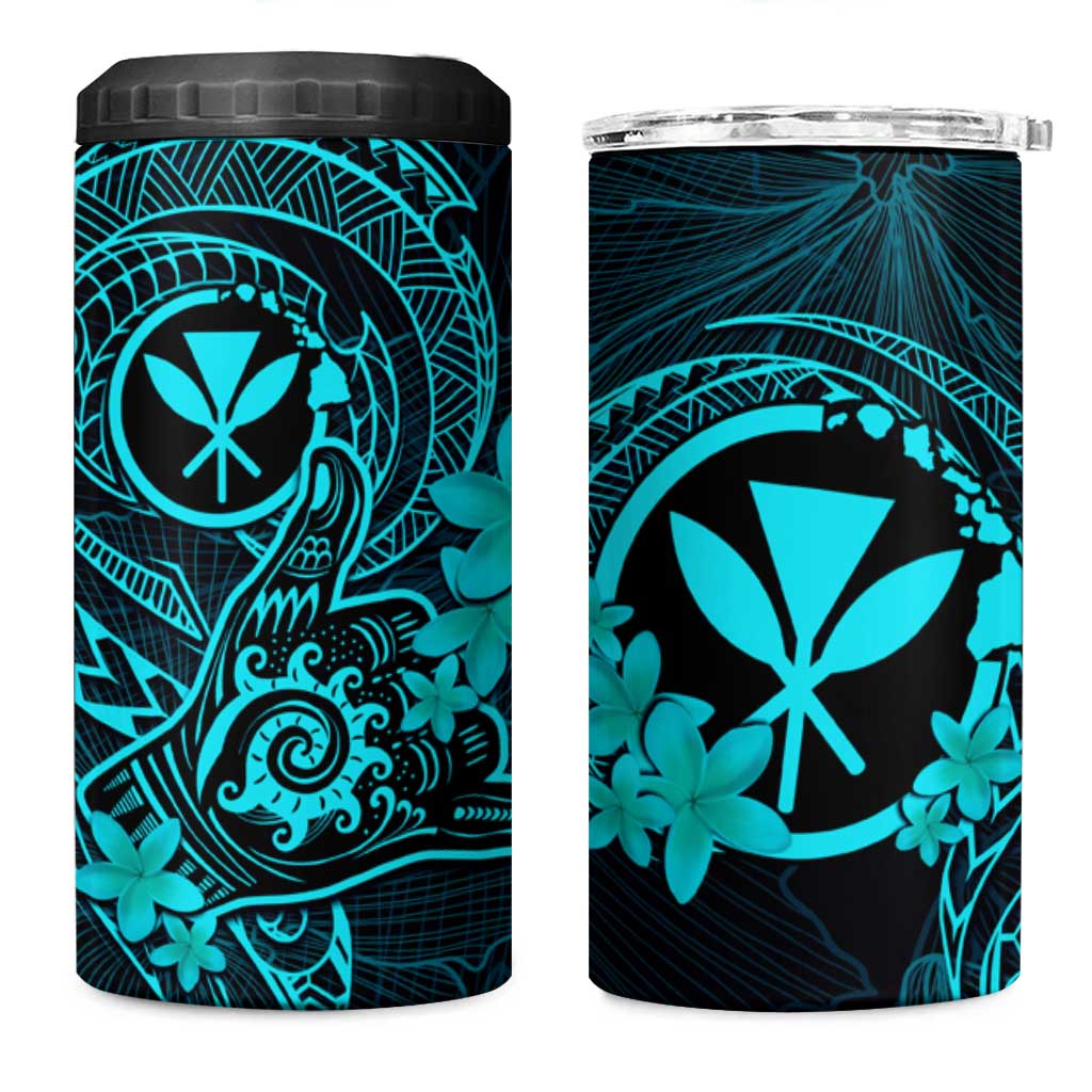 Hawaii 4 in 1 Can Cooler Tumbler Shaka Tattoo Mix Polynesian Plumeria Turquoise Version