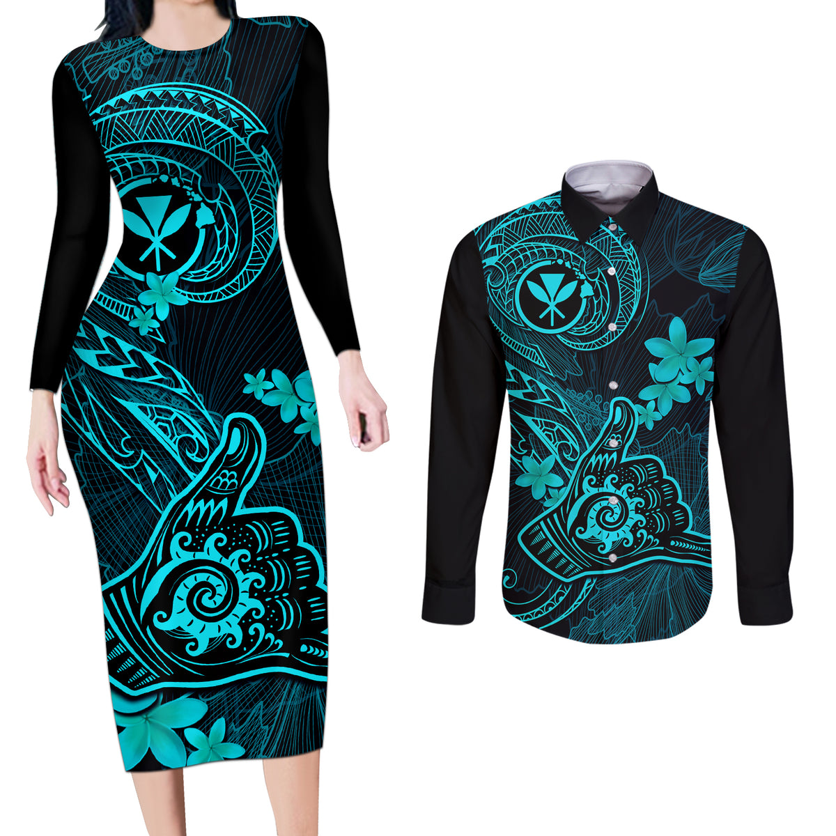 hawaii-couples-matching-long-sleeve-bodycon-dress-and-long-sleeve-button-shirts-shaka-tattoo-mix-polynesian-plumeria-turquoise-version