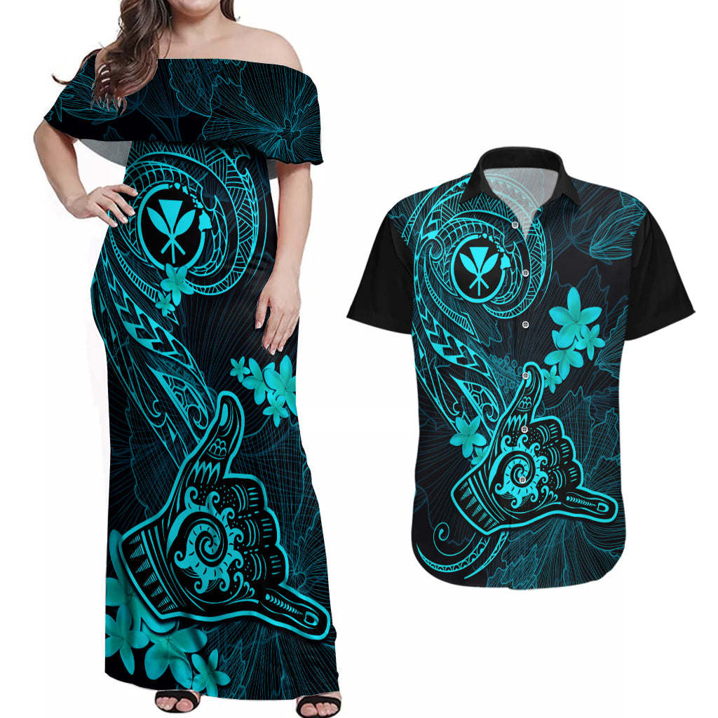 hawaii-couples-matching-off-shoulder-maxi-dress-and-hawaiian-shirt-shaka-tattoo-mix-polynesian-plumeria-turquoise-version