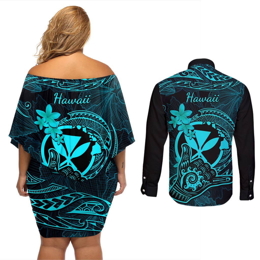 hawaii-couples-matching-off-shoulder-short-dress-and-long-sleeve-button-shirts-shaka-tattoo-mix-polynesian-plumeria-turquoise-version