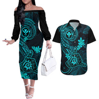 hawaii-couples-matching-off-the-shoulder-long-sleeve-dress-and-hawaiian-shirt-shaka-tattoo-mix-polynesian-plumeria-turquoise-version