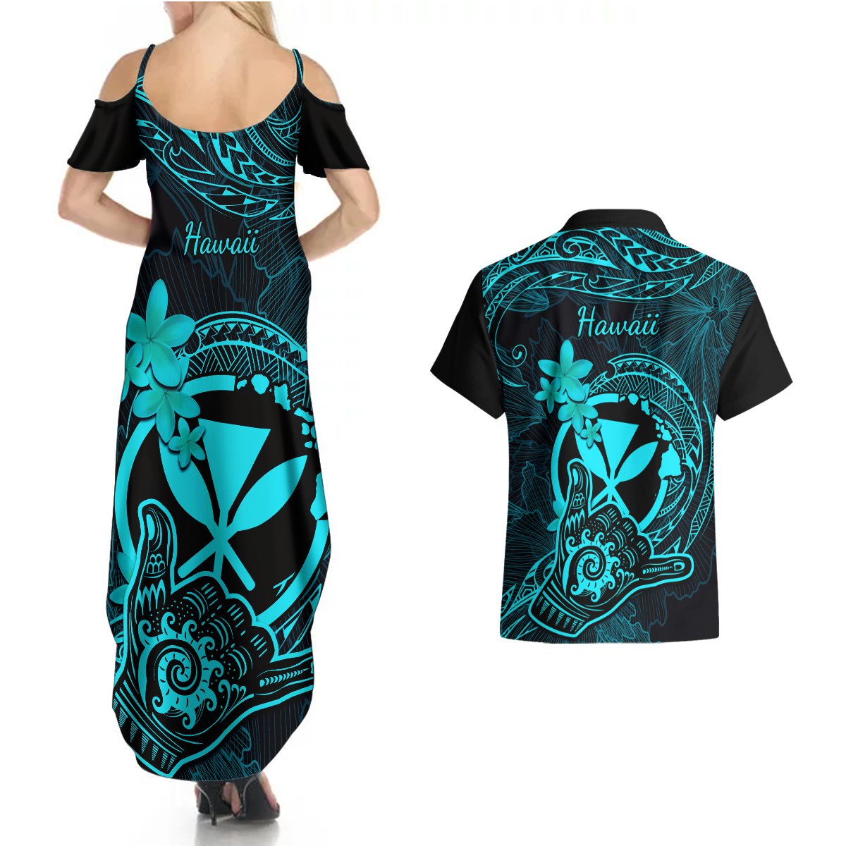 hawaii-couples-matching-summer-maxi-dress-and-hawaiian-shirt-shaka-tattoo-mix-polynesian-plumeria-turquoise-version