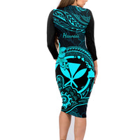 hawaii-family-matching-long-sleeve-bodycon-dress-and-hawaiian-shirt-shaka-tattoo-mix-polynesian-plumeria-turquoise-version