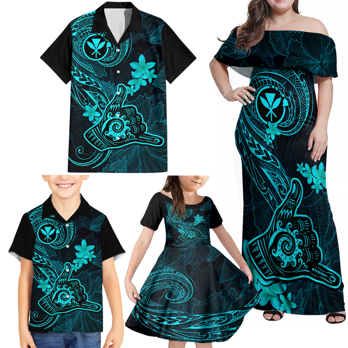 Hawaii Family Matching Off Shoulder Maxi Dress and Hawaiian Shirt Shaka Tattoo Mix Polynesian Plumeria Turquoise Version LT14 - Polynesian Pride