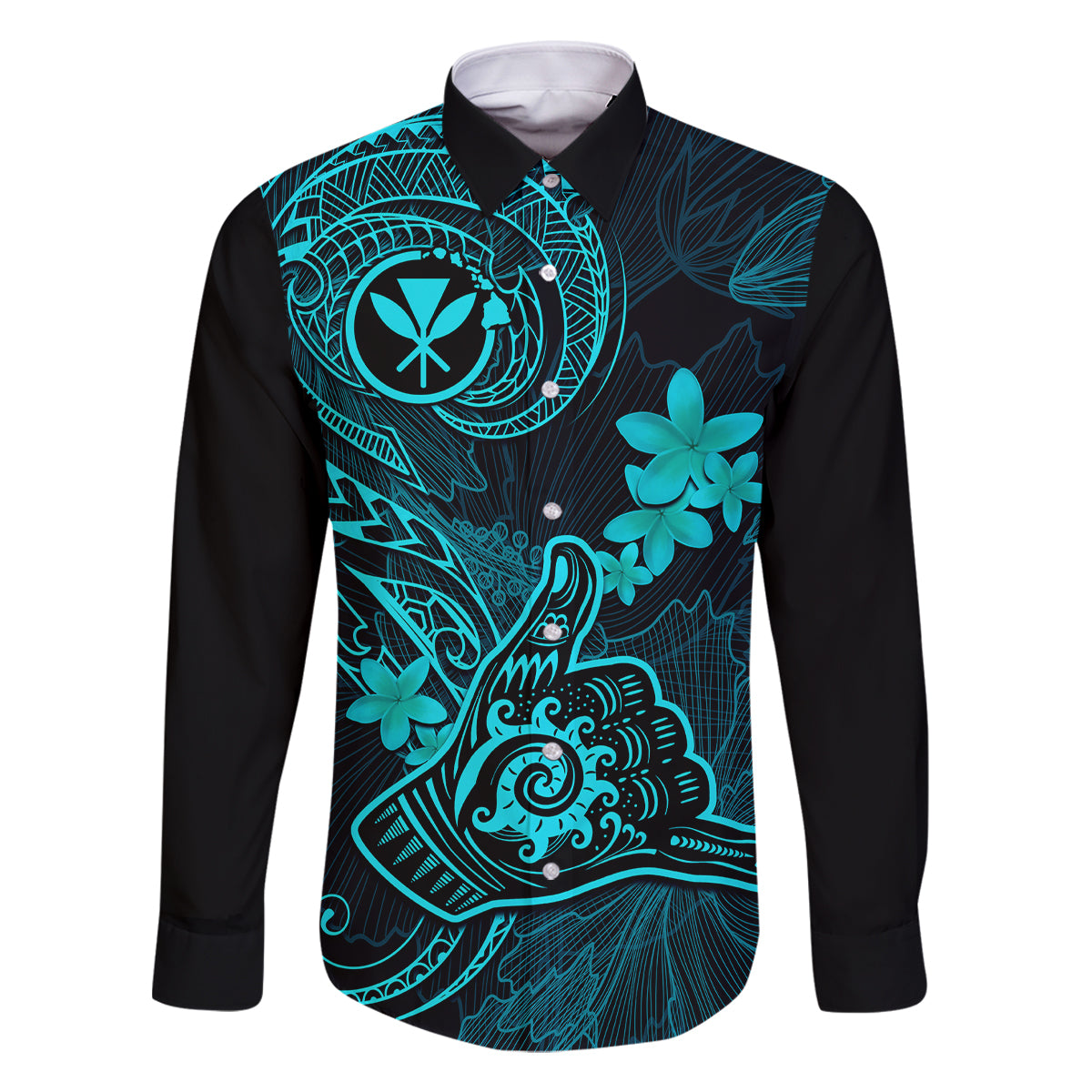 Hawaii Family Matching Off Shoulder Maxi Dress and Hawaiian Shirt Shaka Tattoo Mix Polynesian Plumeria Turquoise Version LT14 Dad's Shirt - Long Sleeve Turquoise - Polynesian Pride