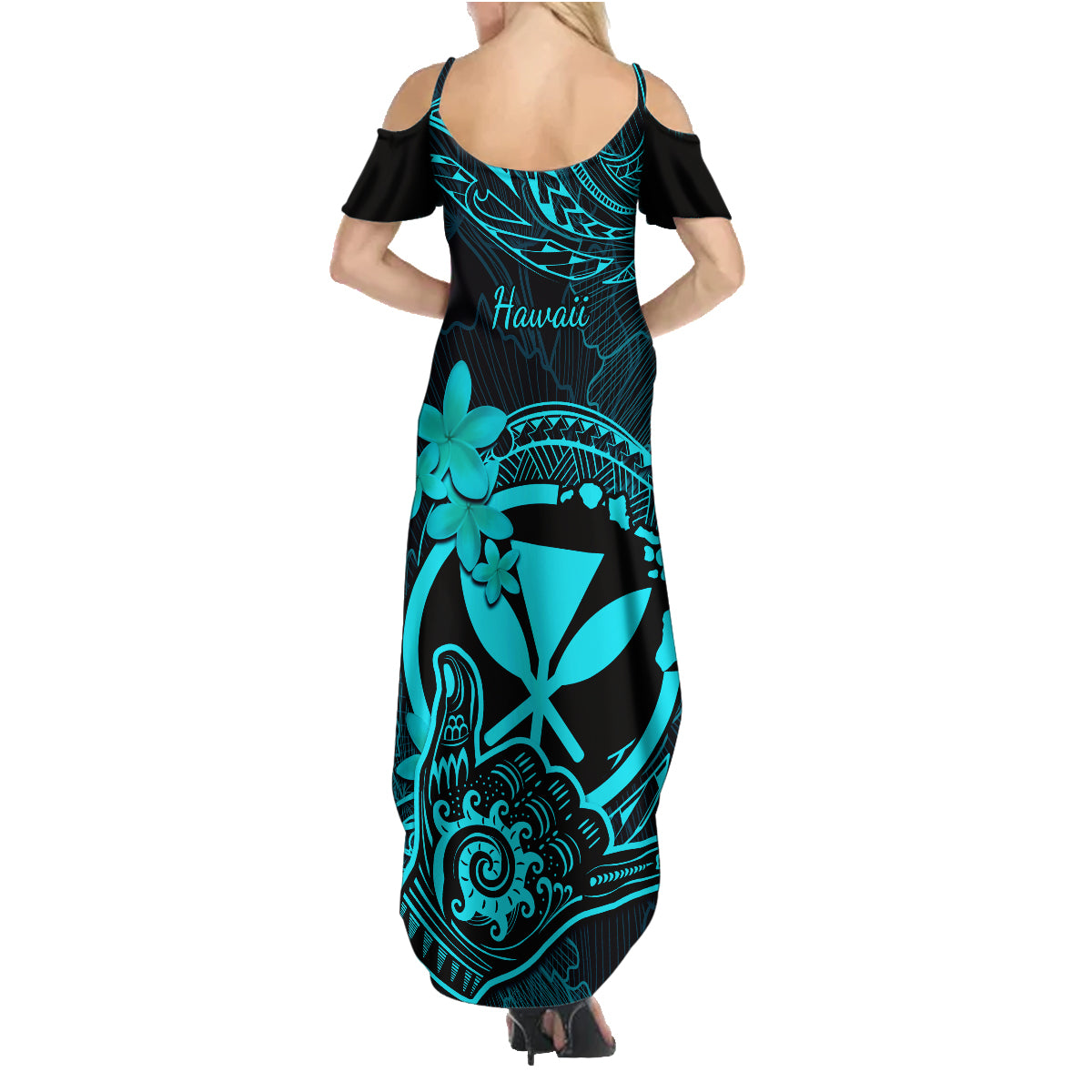 Hawaii Family Matching Summer Maxi Dress and Hawaiian Shirt Shaka Tattoo Mix Polynesian Plumeria Turquoise Version LT14 - Polynesian Pride