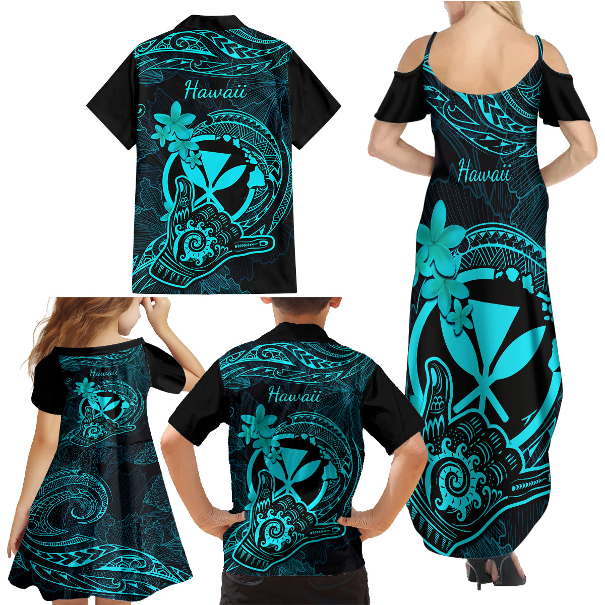 Hawaii Family Matching Summer Maxi Dress and Hawaiian Shirt Shaka Tattoo Mix Polynesian Plumeria Turquoise Version LT14 - Polynesian Pride