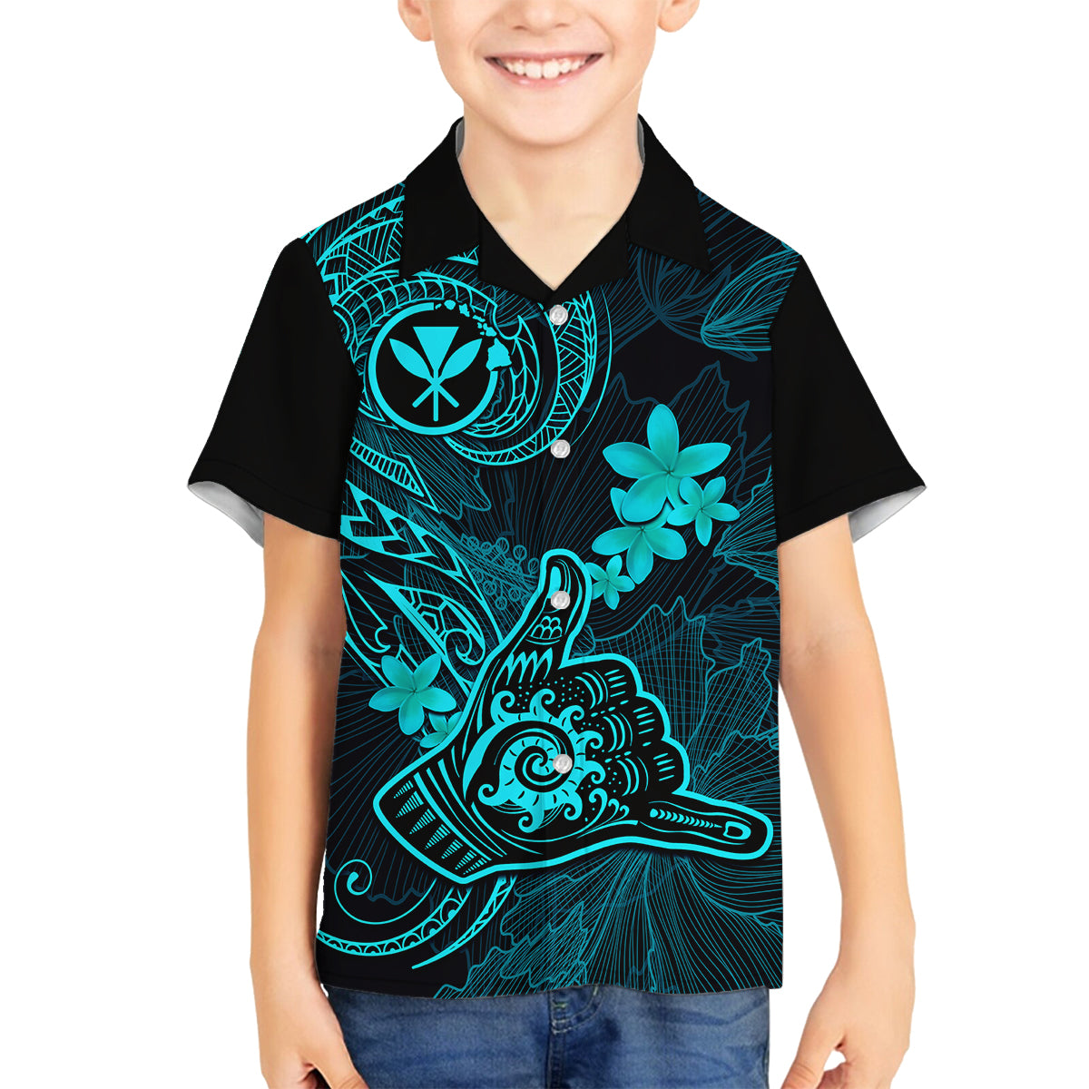 Hawaii Family Matching Summer Maxi Dress and Hawaiian Shirt Shaka Tattoo Mix Polynesian Plumeria Turquoise Version LT14 Dad's Shirt - Long Sleeve Turquoise - Polynesian Pride