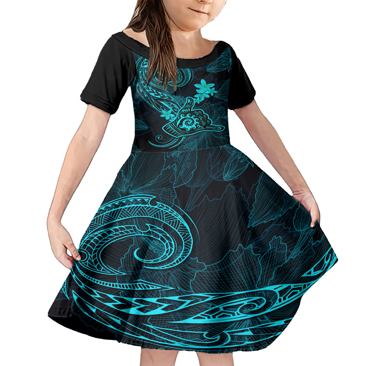 Hawaii Family Matching Summer Maxi Dress and Hawaiian Shirt Shaka Tattoo Mix Polynesian Plumeria Turquoise Version LT14 Mom's Dress Turquoise - Polynesian Pride