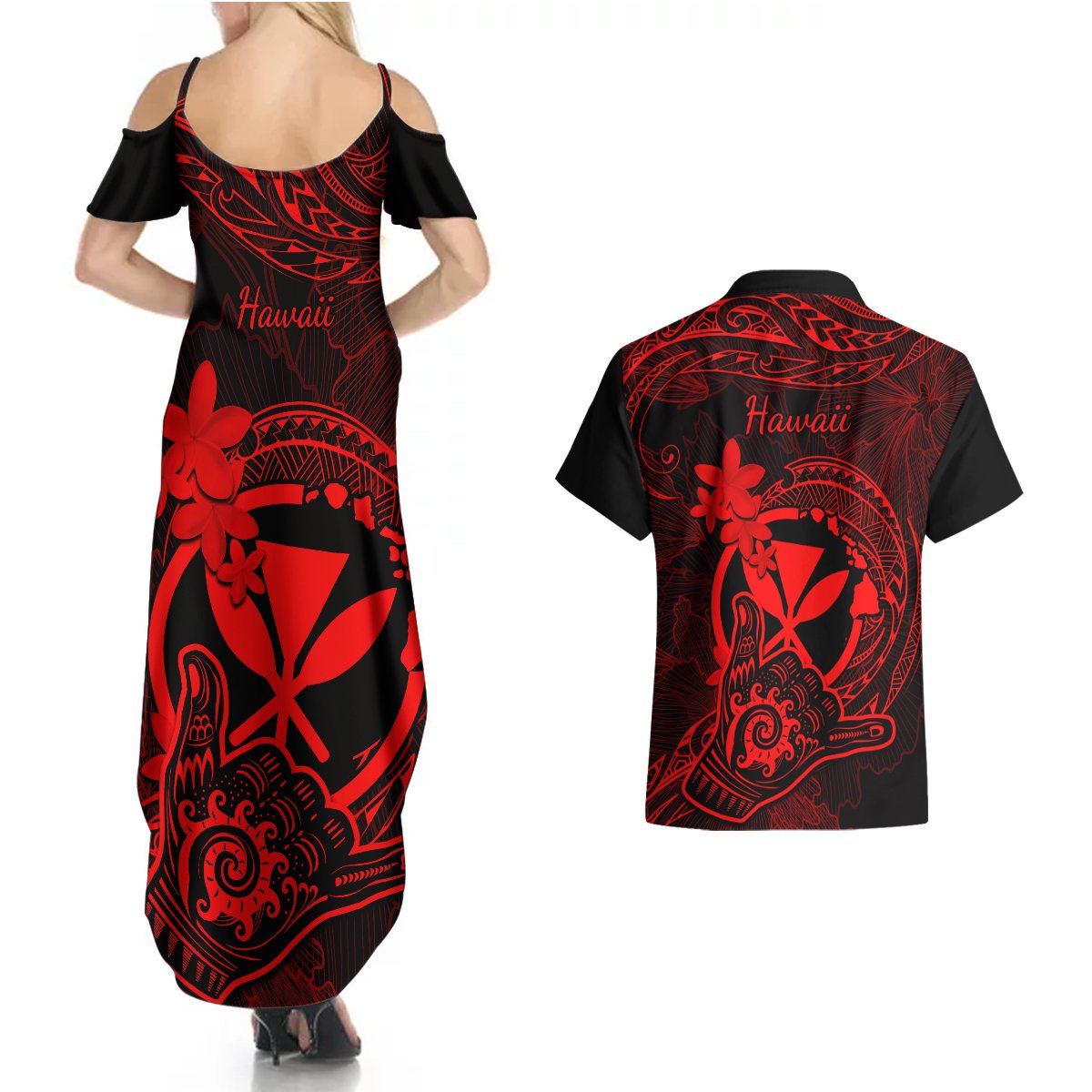 hawaii-couples-matching-summer-maxi-dress-and-hawaiian-shirt-shaka-tattoo-mix-polynesian-plumeria-red-version