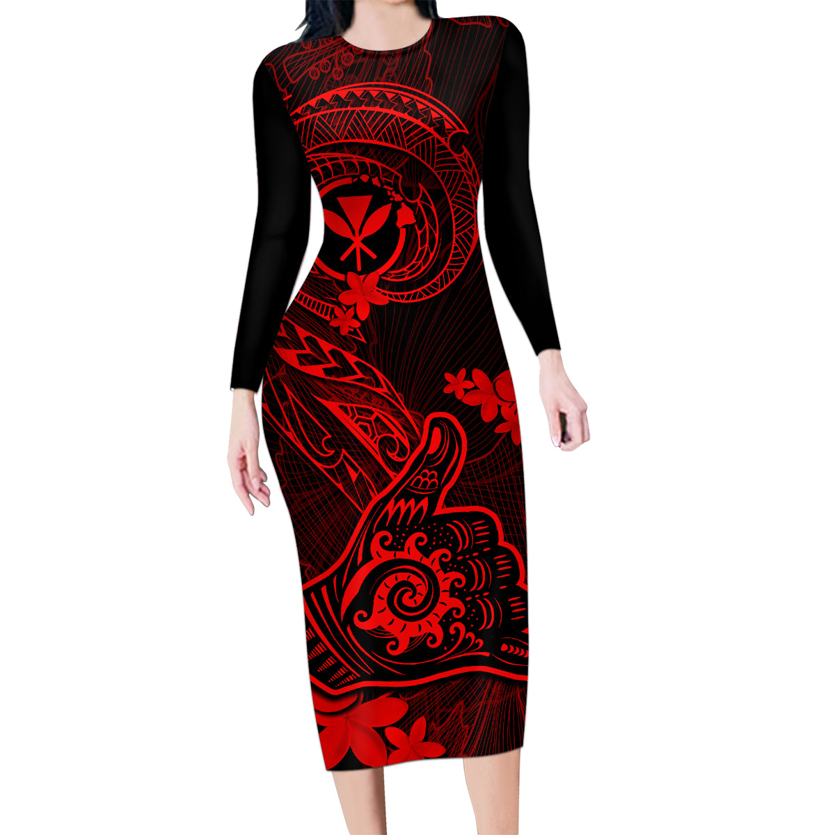hawaii-family-matching-long-sleeve-bodycon-dress-and-hawaiian-shirt-shaka-tattoo-mix-polynesian-plumeria-red-version