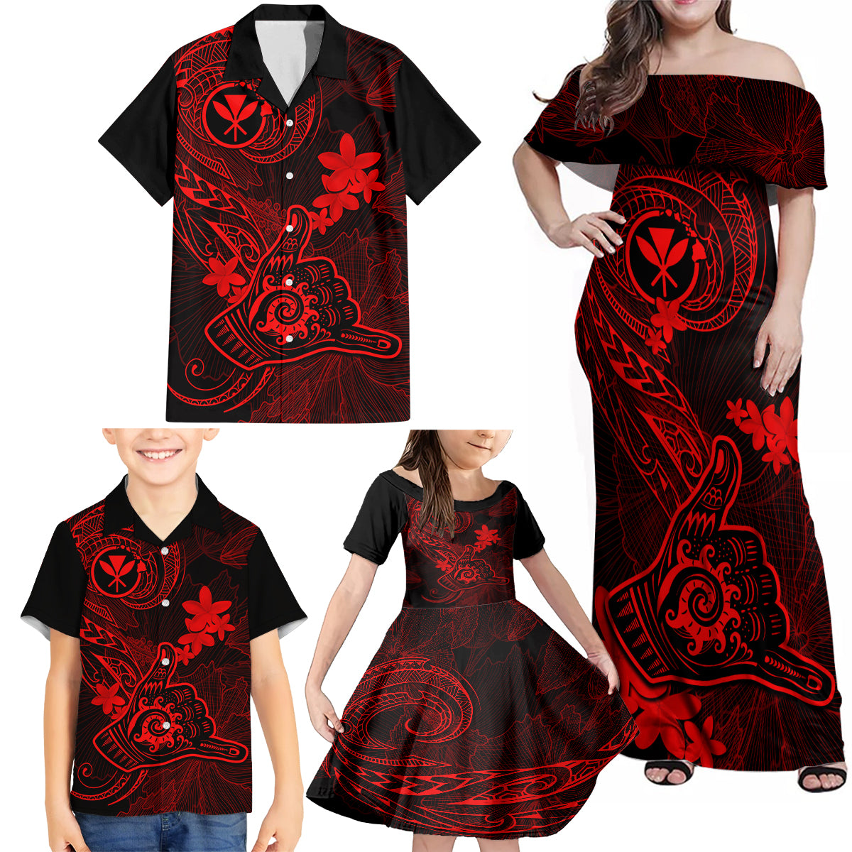 Hawaii Family Matching Off Shoulder Maxi Dress and Hawaiian Shirt Shaka Tattoo Mix Polynesian Plumeria Red Version LT14 - Polynesian Pride