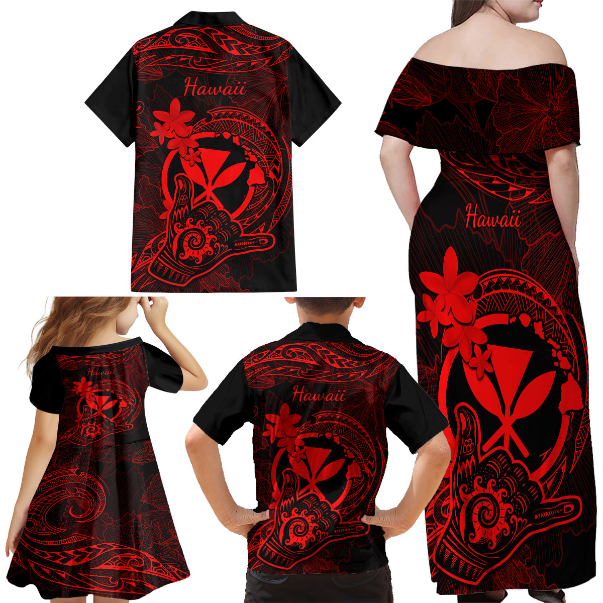 Hawaii Family Matching Off Shoulder Maxi Dress and Hawaiian Shirt Shaka Tattoo Mix Polynesian Plumeria Red Version LT14 - Polynesian Pride