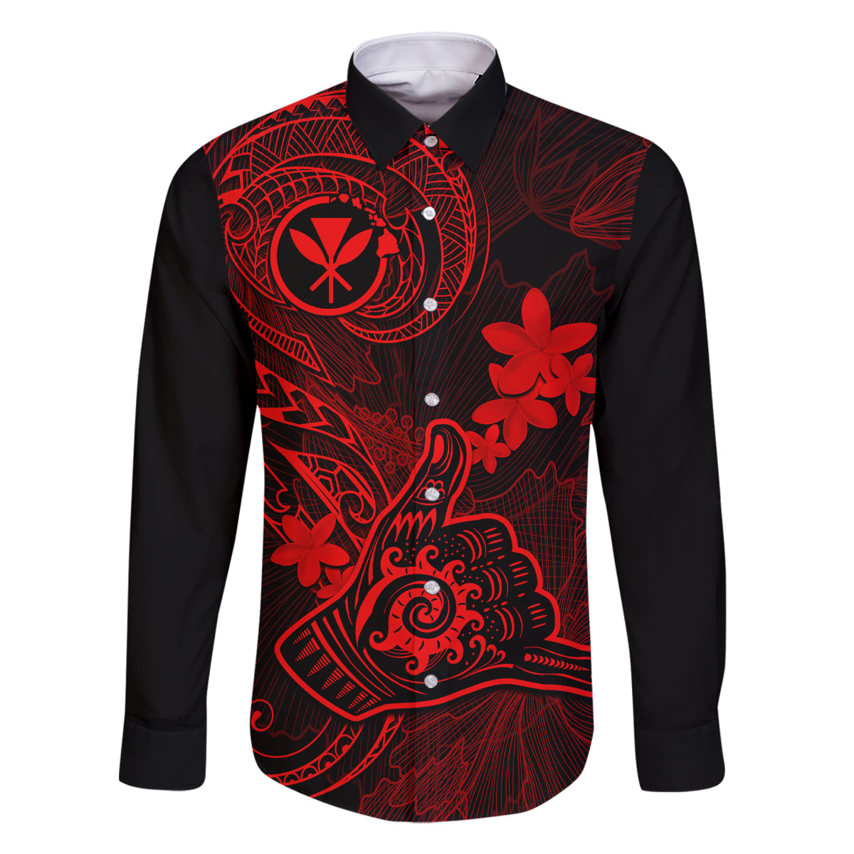 Hawaii Family Matching Off Shoulder Maxi Dress and Hawaiian Shirt Shaka Tattoo Mix Polynesian Plumeria Red Version LT14 Dad's Shirt - Long Sleeve Red - Polynesian Pride