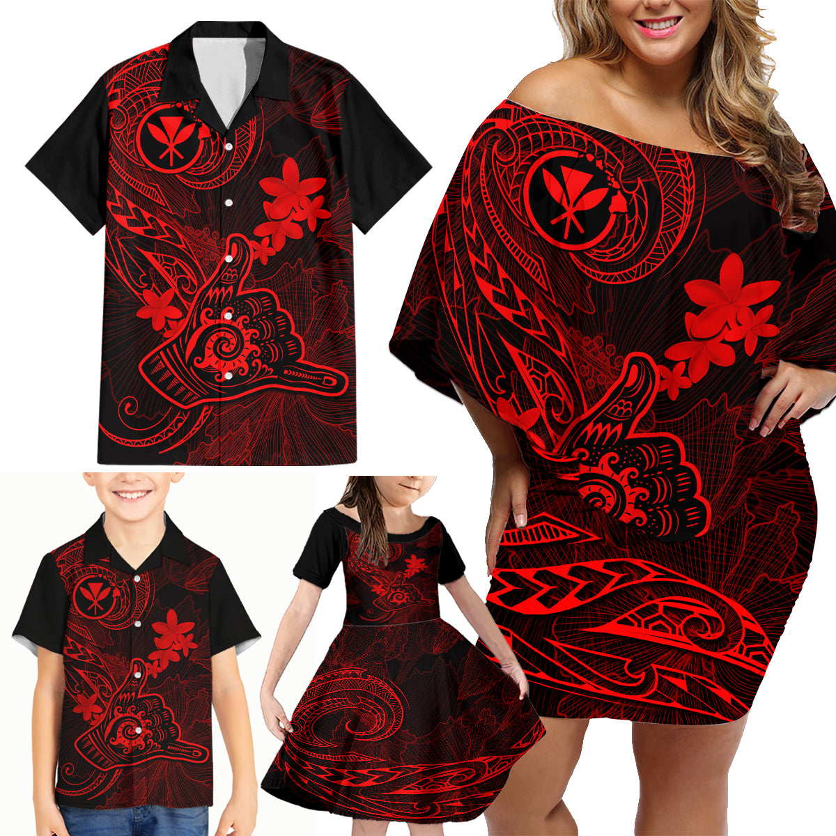 hawaii-family-matching-off-shoulder-short-dress-and-hawaiian-shirt-shaka-tattoo-mix-polynesian-plumeria-red-version