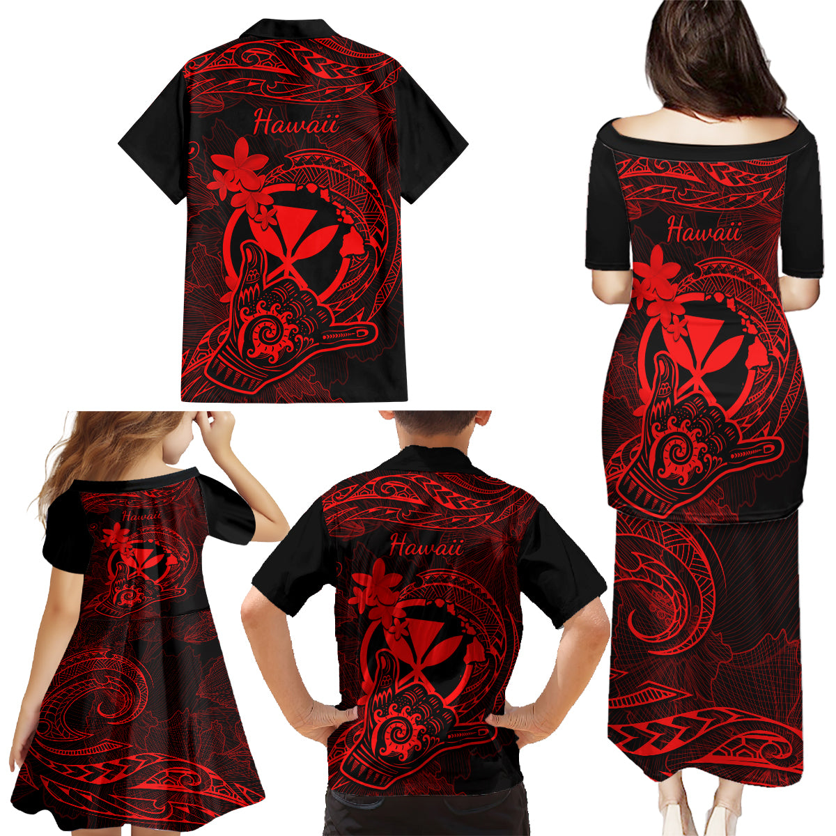 Hawaii Family Matching Puletasi Dress and Hawaiian Shirt Shaka Tattoo Mix Polynesian Plumeria Red Version LT14 - Polynesian Pride
