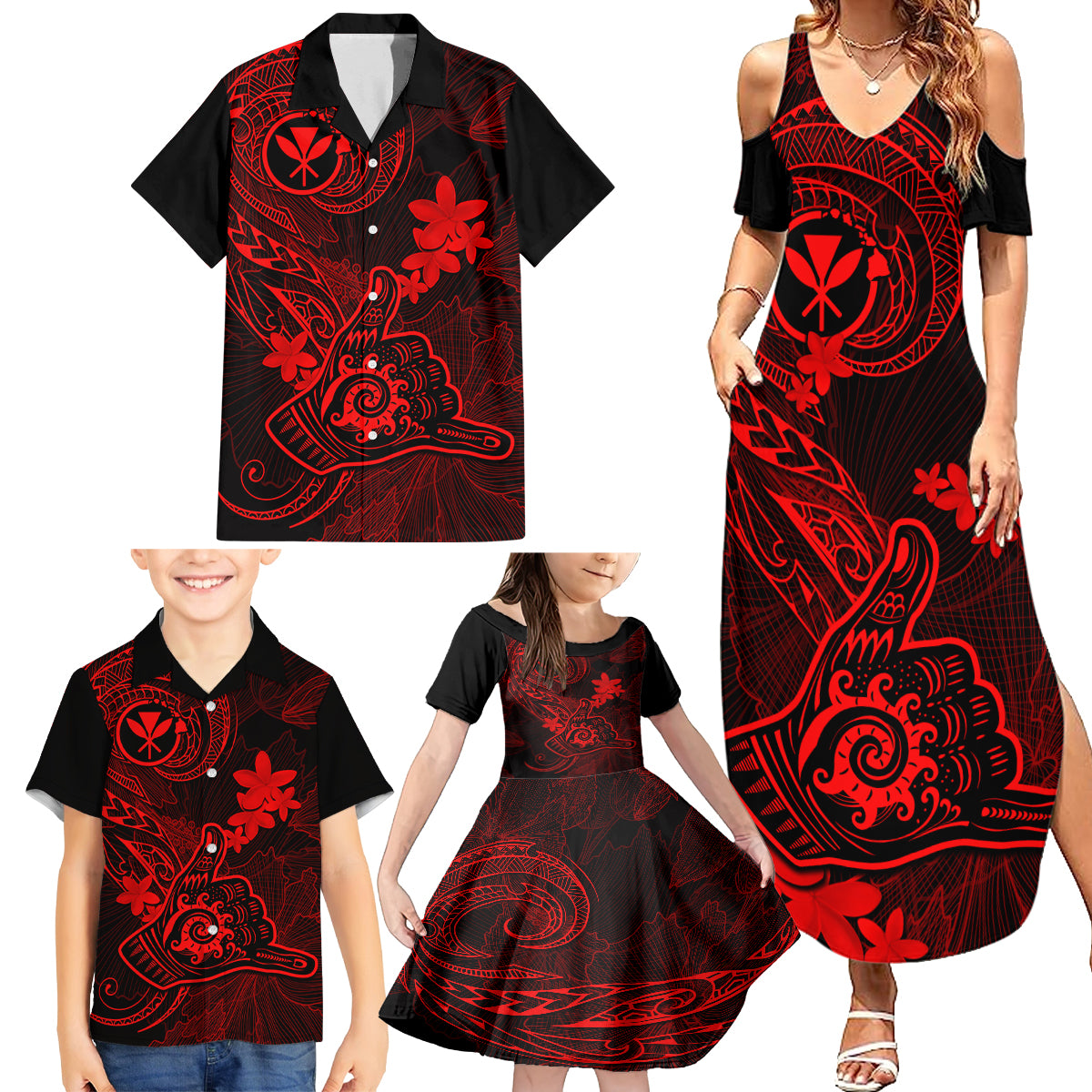 Hawaii Family Matching Summer Maxi Dress and Hawaiian Shirt Shaka Tattoo Mix Polynesian Plumeria Red Version LT14 - Polynesian Pride