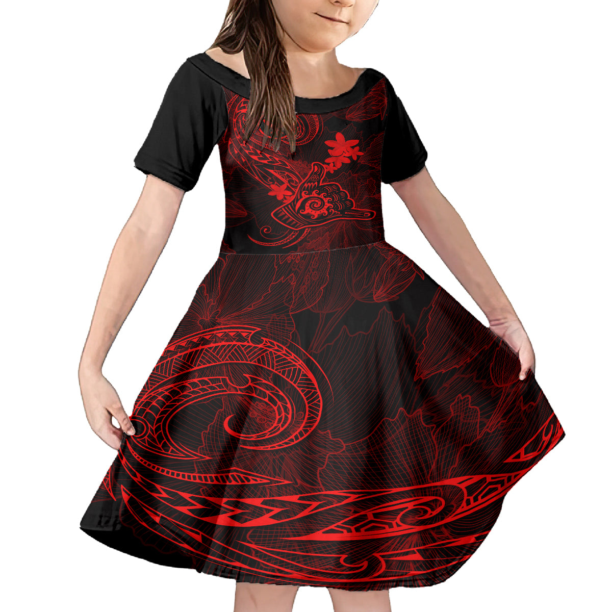 hawaii-kid-short-sleeve-dress-shaka-tattoo-mix-polynesian-plumeria-red-version