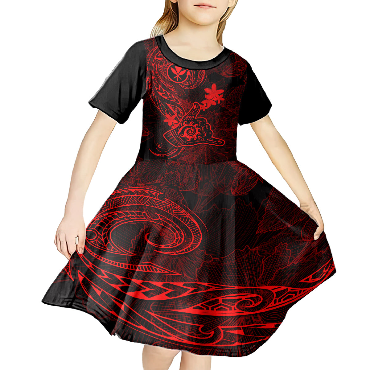 hawaii-kid-short-sleeve-dress-shaka-tattoo-mix-polynesian-plumeria-red-version