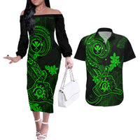 hawaii-couples-matching-off-the-shoulder-long-sleeve-dress-and-hawaiian-shirt-shaka-tattoo-mix-polynesian-plumeria-green-version