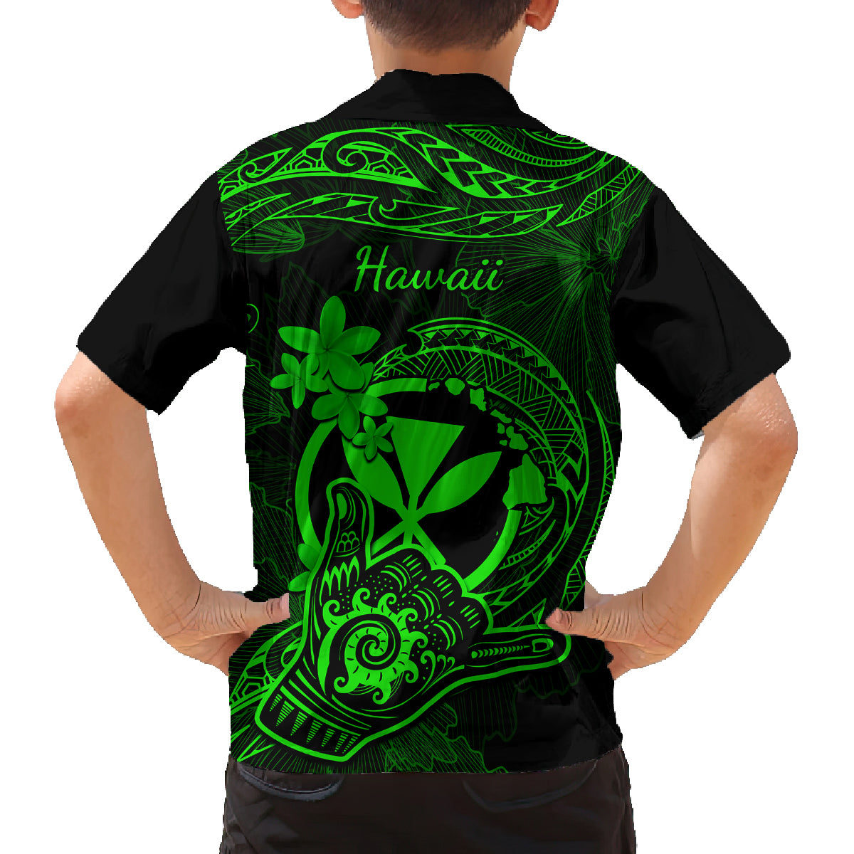 Hawaii Family Matching Off Shoulder Maxi Dress and Hawaiian Shirt Shaka Tattoo Mix Polynesian Plumeria Green Version LT14 - Polynesian Pride