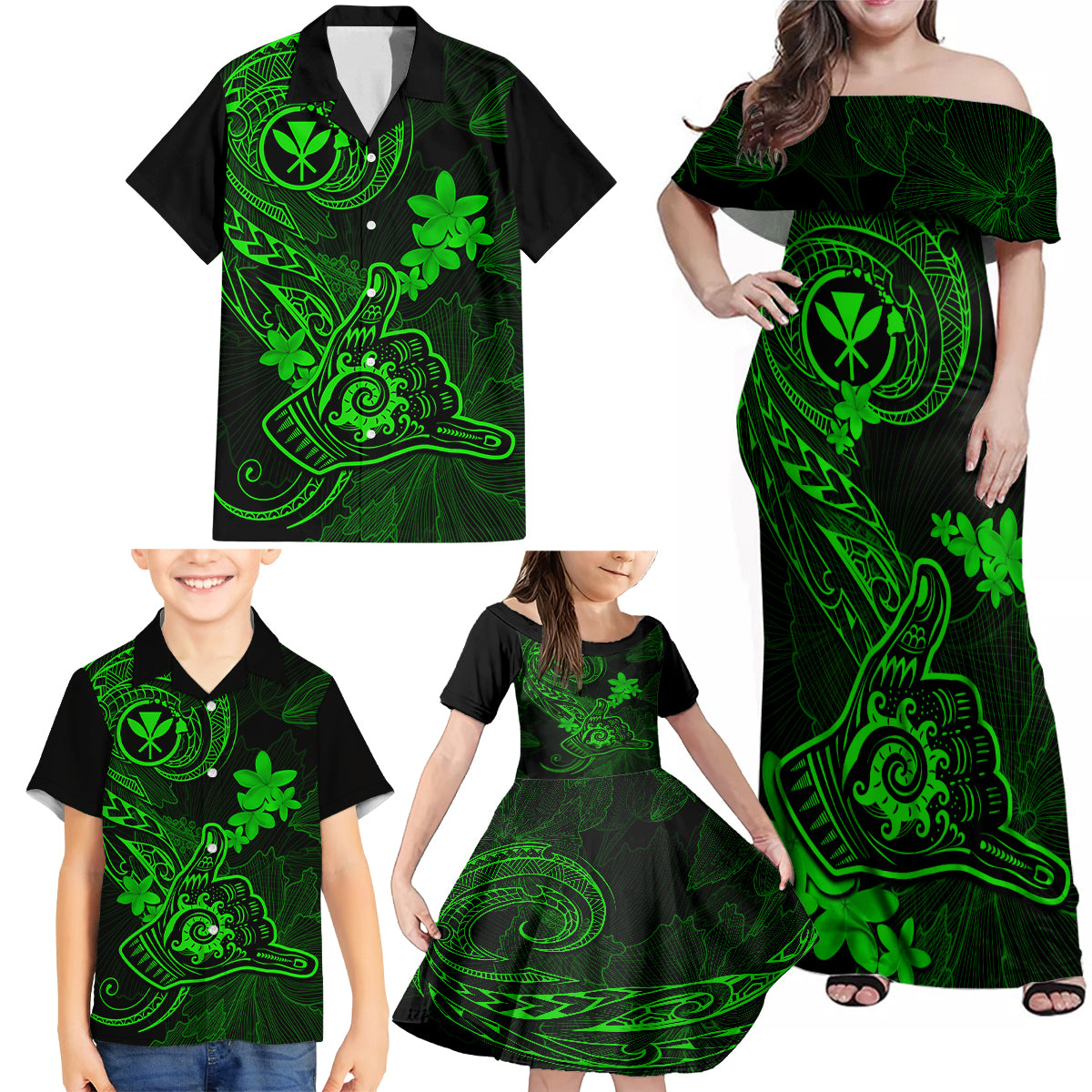 Hawaii Family Matching Off Shoulder Maxi Dress and Hawaiian Shirt Shaka Tattoo Mix Polynesian Plumeria Green Version LT14 - Polynesian Pride