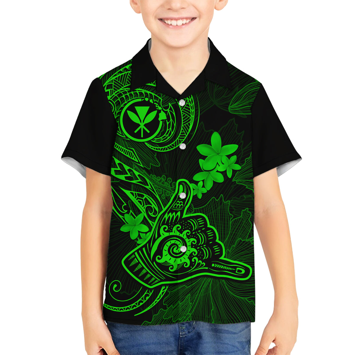 Hawaii Family Matching Off Shoulder Maxi Dress and Hawaiian Shirt Shaka Tattoo Mix Polynesian Plumeria Green Version LT14 Son's Shirt Green - Polynesian Pride