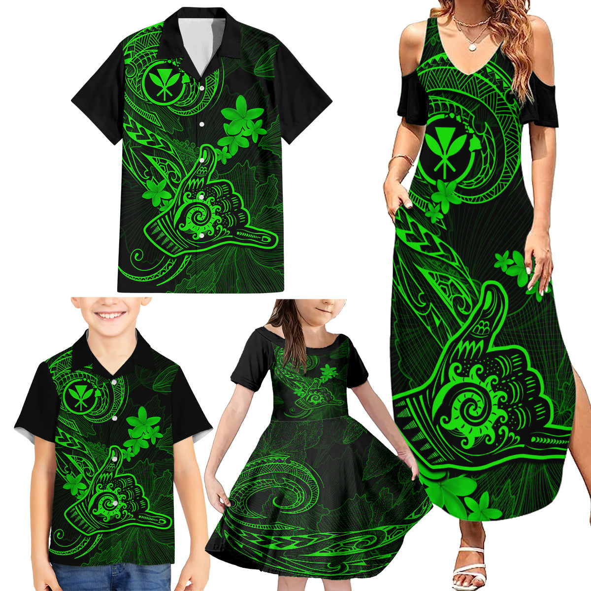 Hawaii Family Matching Summer Maxi Dress and Hawaiian Shirt Shaka Tattoo Mix Polynesian Plumeria Green Version LT14 - Polynesian Pride