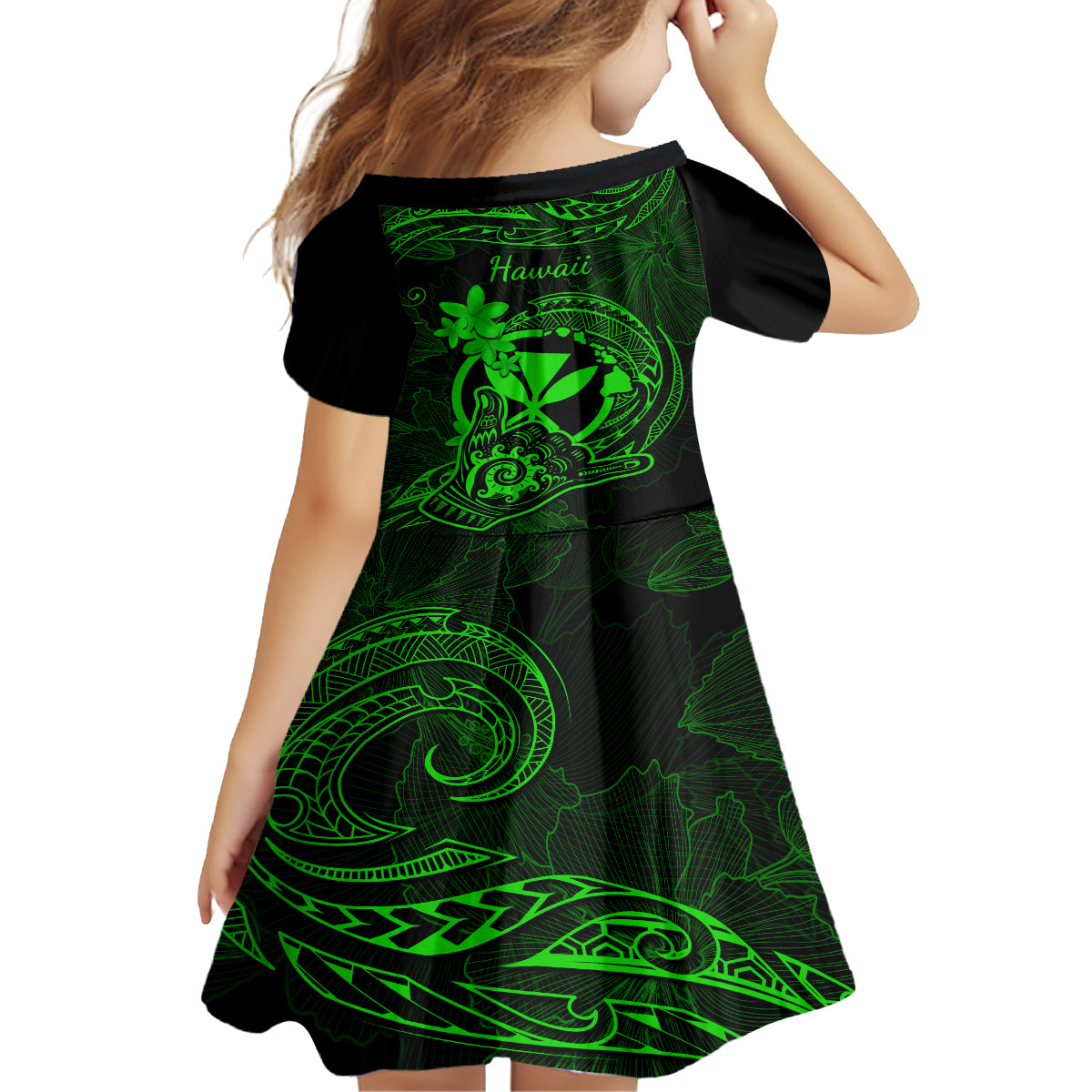 hawaii-kid-short-sleeve-dress-shaka-tattoo-mix-polynesian-plumeria-green-version
