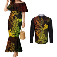hawaii-couples-matching-mermaid-dress-and-long-sleeve-button-shirts-hammerhead-shark-tattoo-mix-polynesian-plumeria-reggae-version