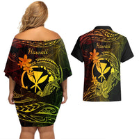 hawaii-couples-matching-off-shoulder-short-dress-and-hawaiian-shirt-hammerhead-shark-tattoo-mix-polynesian-plumeria-reggae-version