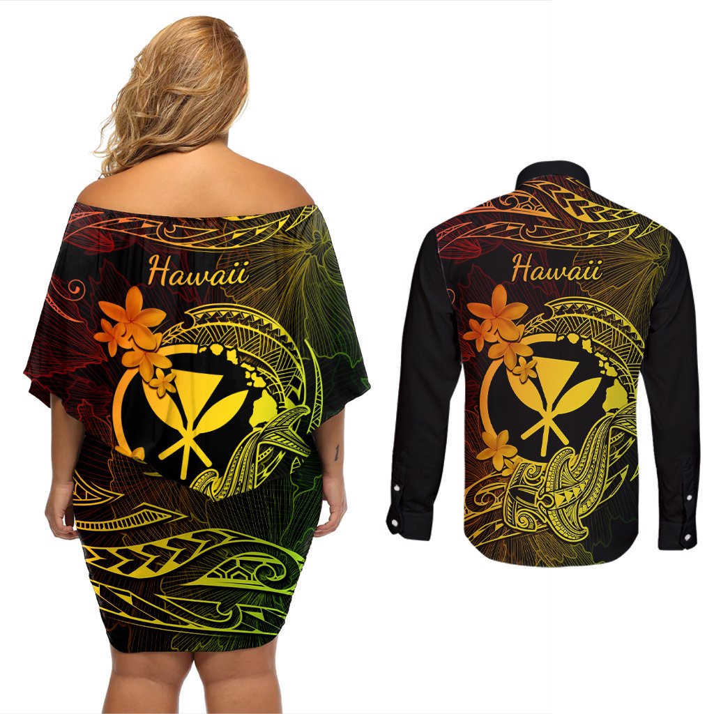 hawaii-couples-matching-off-shoulder-short-dress-and-long-sleeve-button-shirts-hammerhead-shark-tattoo-mix-polynesian-plumeria-reggae-version