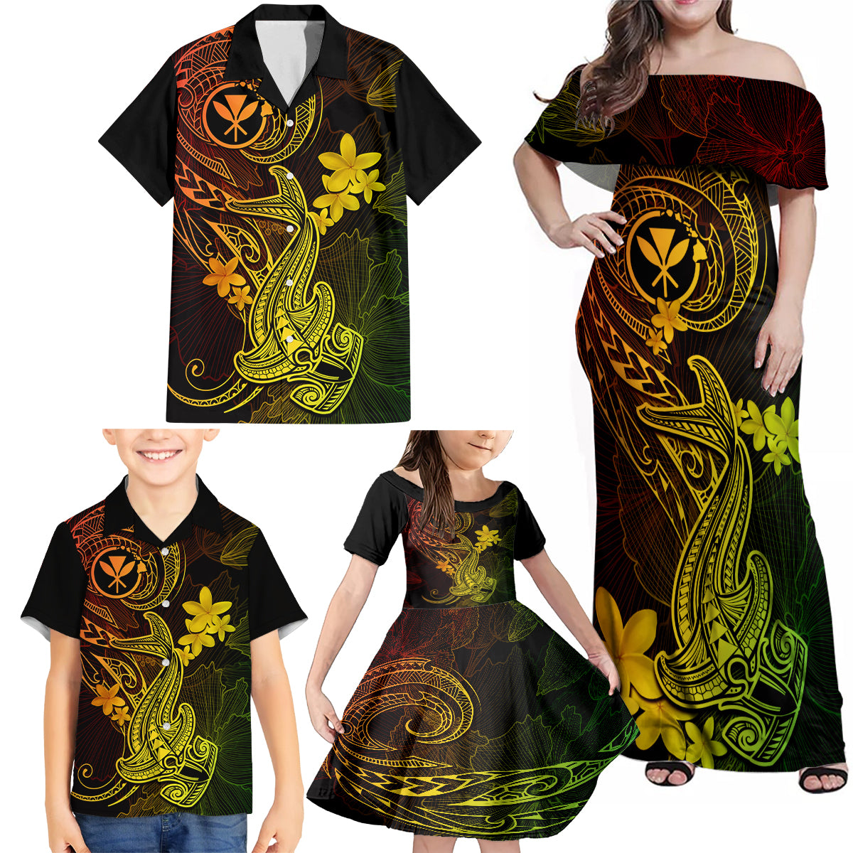 hawaii-family-matching-off-shoulder-maxi-dress-and-hawaiian-shirt-hammerhead-shark-tattoo-mix-polynesian-plumeria-reggae-version