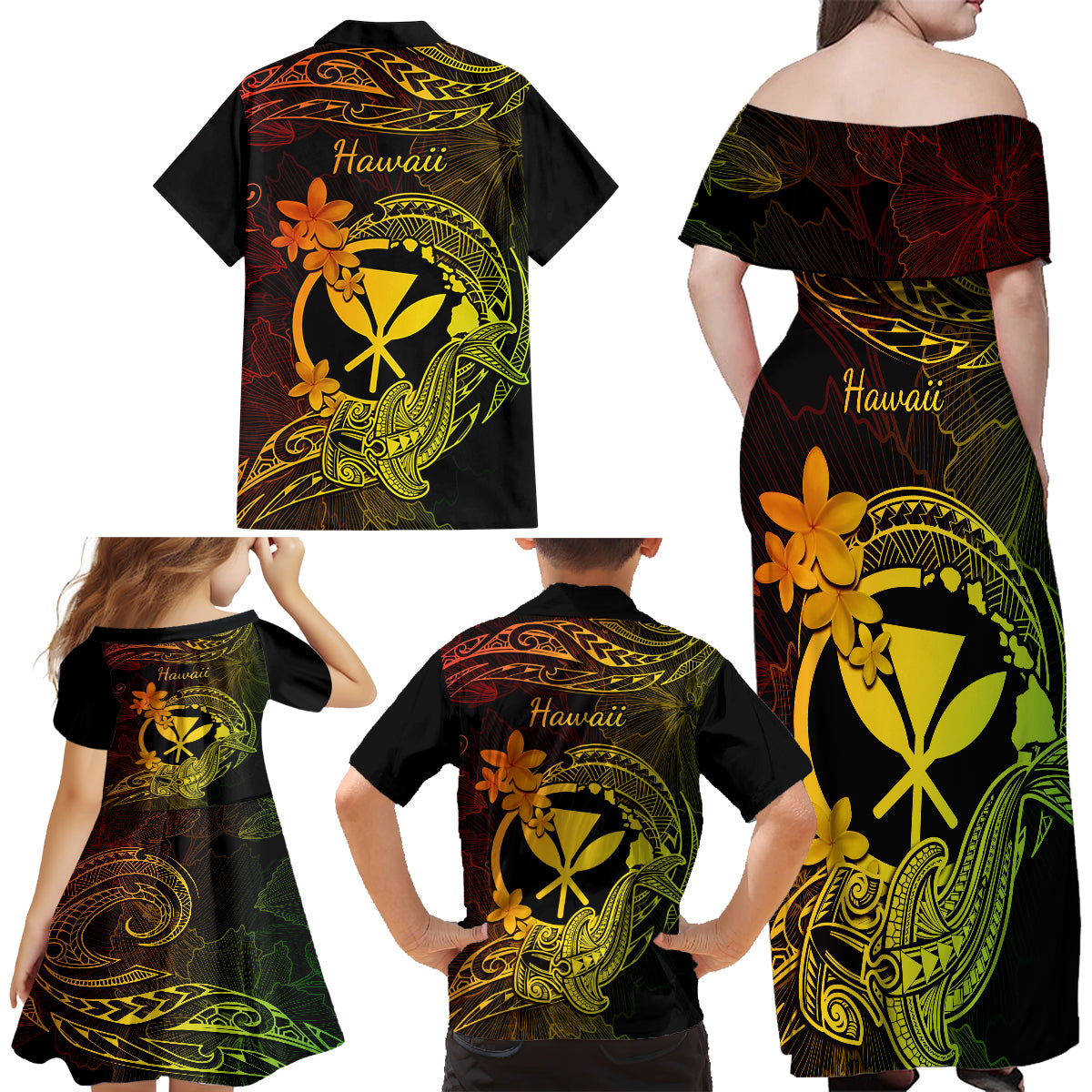 Hawaii Family Matching Off Shoulder Maxi Dress and Hawaiian Shirt Hammerhead Shark Tattoo Mix Polynesian Plumeria Reggae Version LT14 - Polynesian Pride