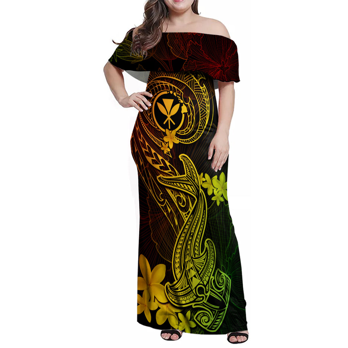 Hawaii Family Matching Off Shoulder Maxi Dress and Hawaiian Shirt Hammerhead Shark Tattoo Mix Polynesian Plumeria Reggae Version LT14 Mom's Dress Reggae - Polynesian Pride